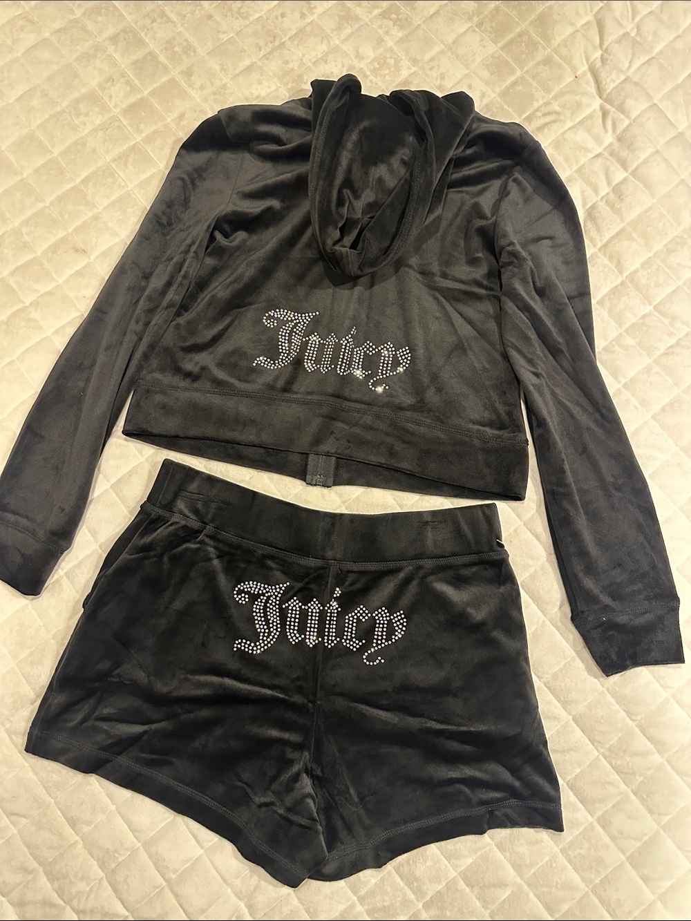 Juicy Couture Black Rhinestone Velour Hoodie & Shorts Set